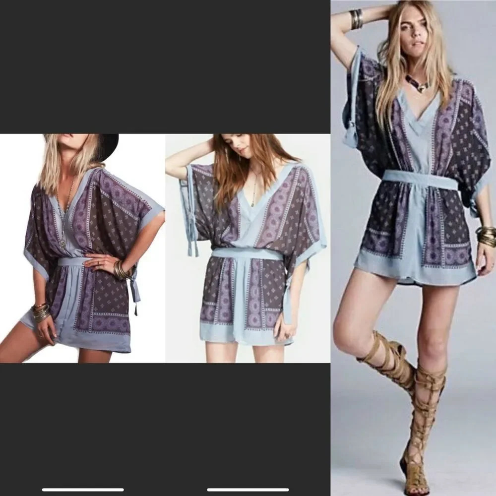 Free People Dusty Blue Santa Cruz Kimono small